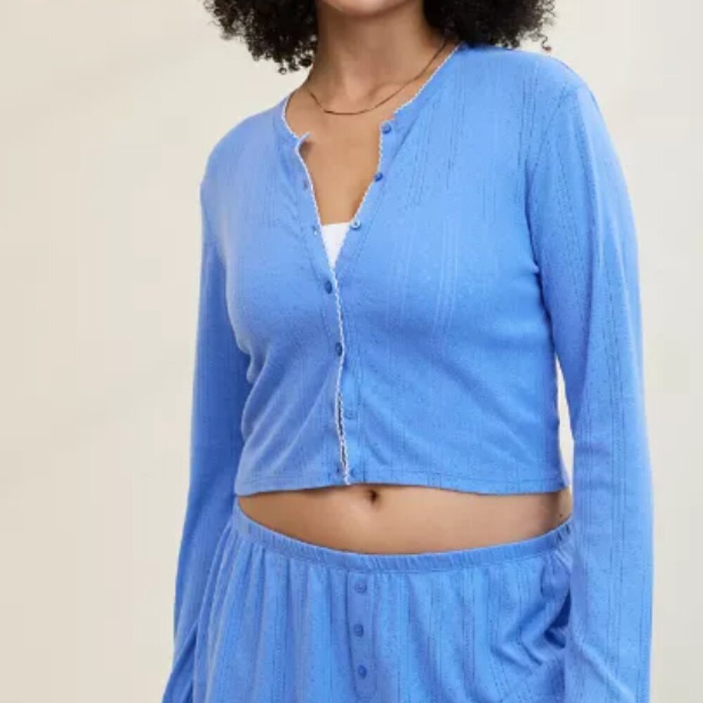 Aerie Pointelle Cardigan Blue White Trim